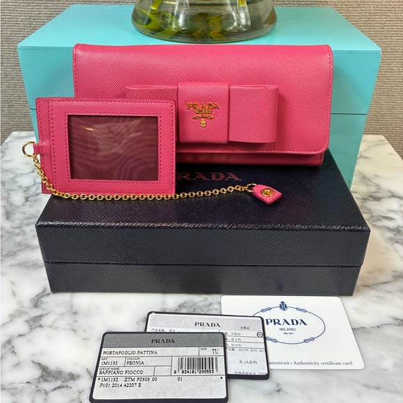 Prada Handbags - Prada Peonia Pink Saffiano Leather Bow Snap Wallet - NWT Authentic w/ Box